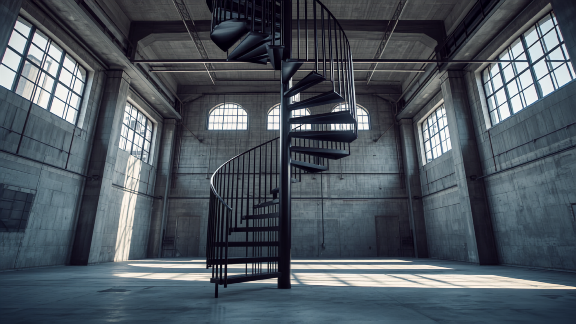 Escalier hélicoïdal en métal noir dans un intérieur loft industriel