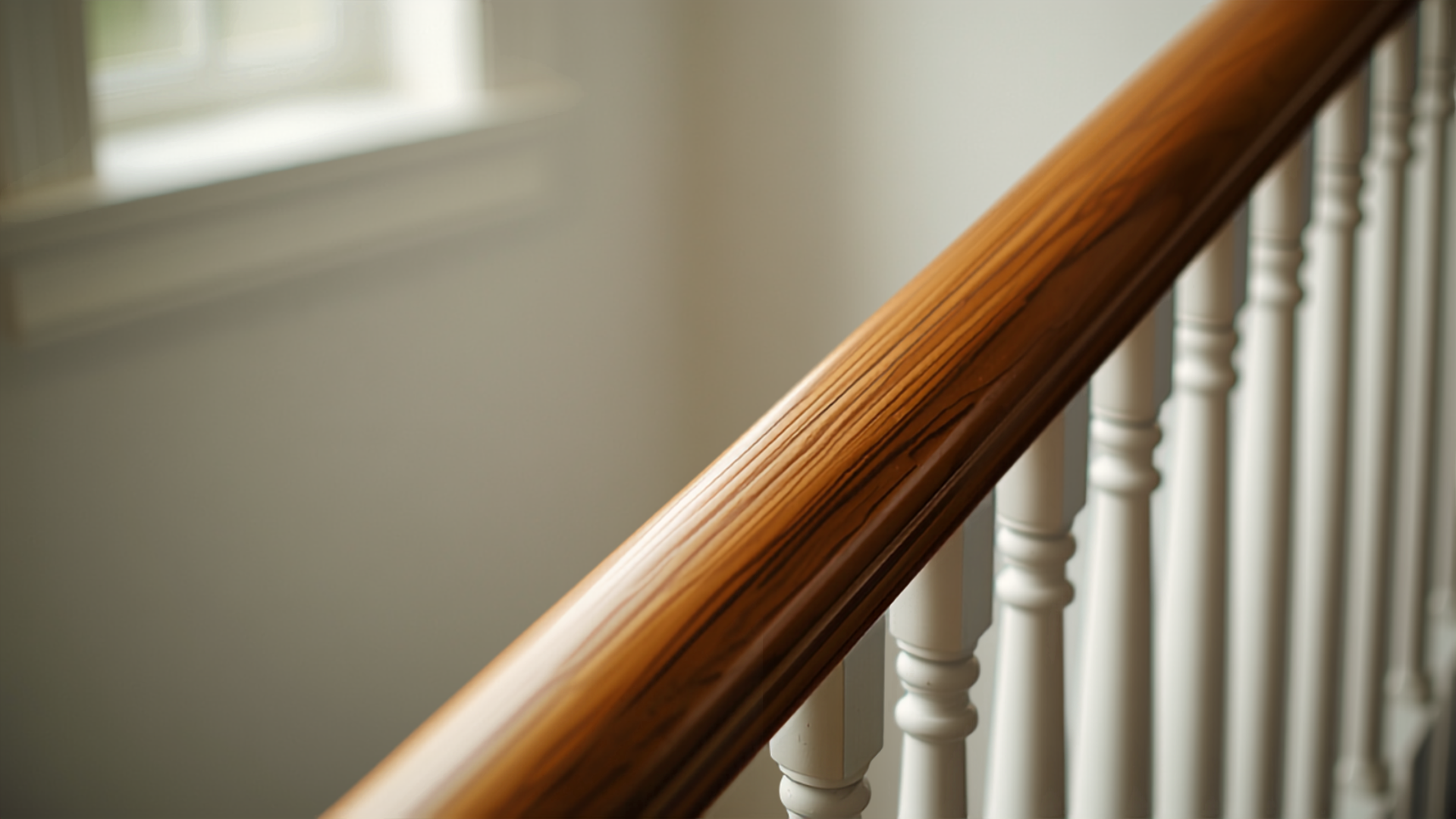 Gros plan sur un garde-corps d'escalier avec barreaux verticaux régulièrement espacés et main courante en bois