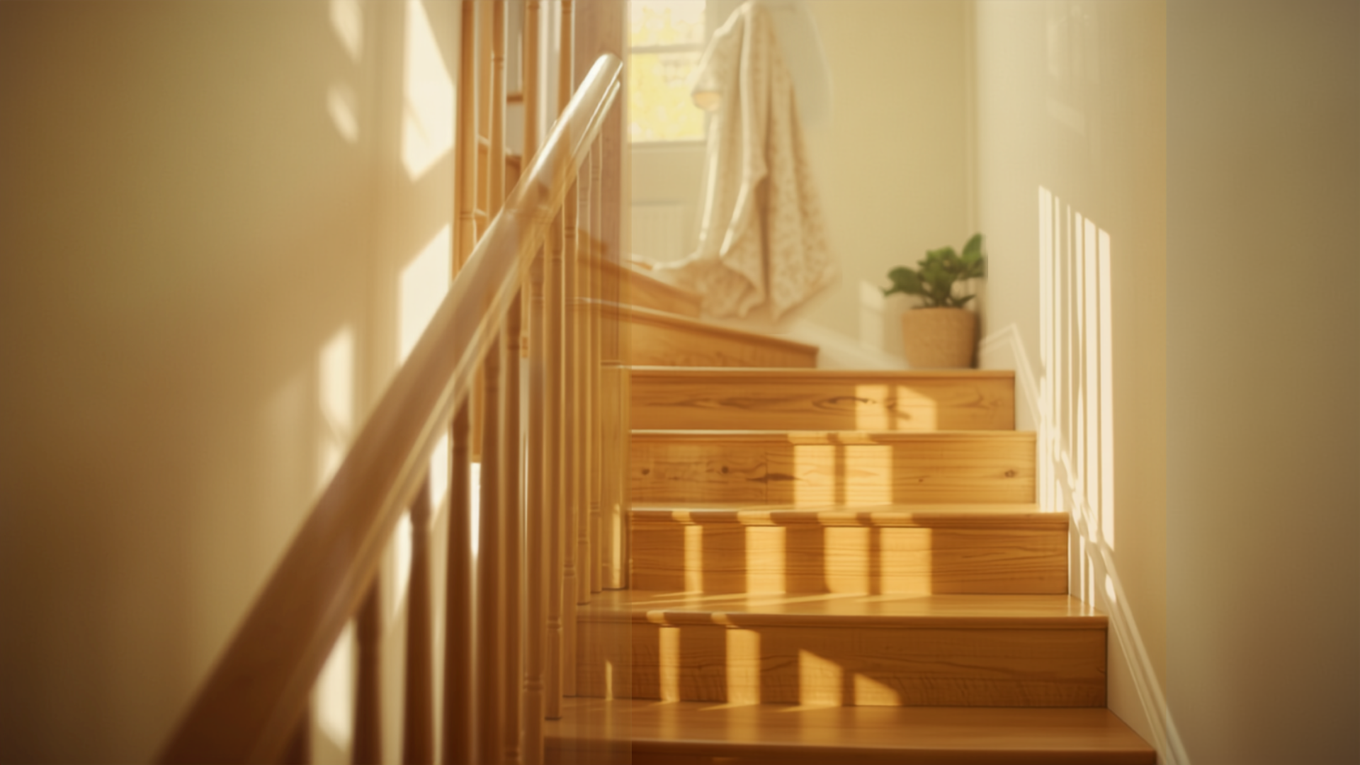 Escalier intérieur familial avec garde-corps sécurisé pour jeunes enfants, ambiance chaleureuse