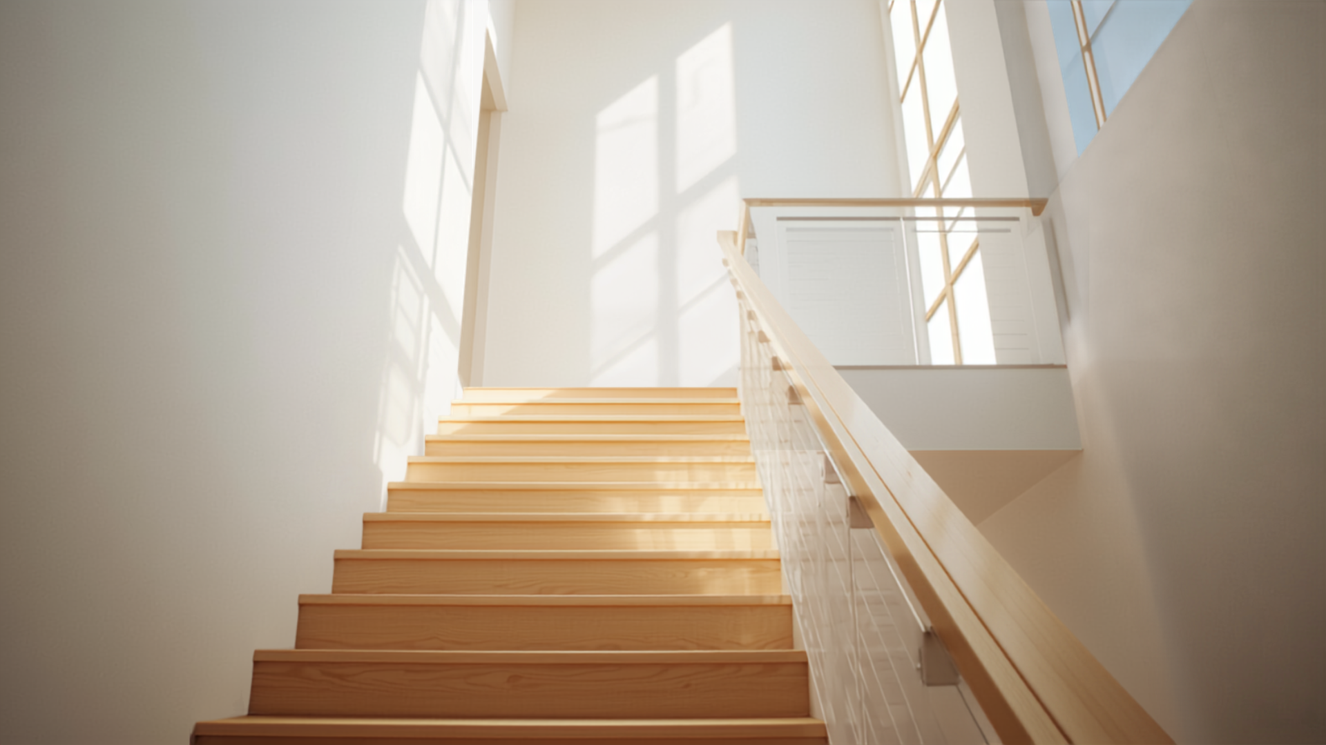 Vue d'ensemble d'un escalier intérieur avec garde-corps et main courante visibles sur toute la hauteur