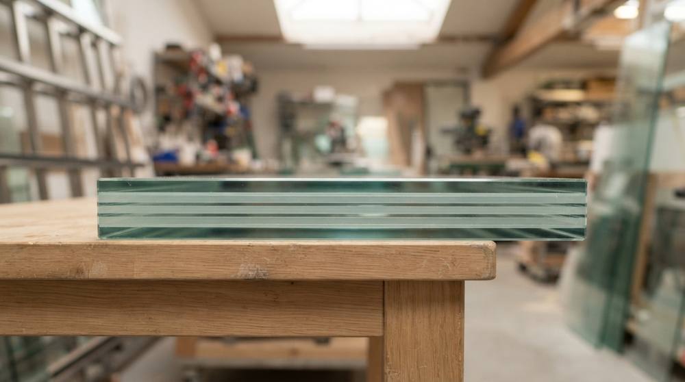Chant d'une marche d'escalier en verre feuilleté épais, montrant les différentes couches de verre et le film intercalaire, posée sur un support en bois dans un atelier