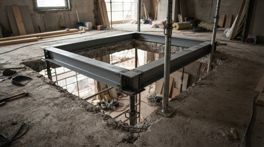 Chevêtre en profilés d'acier scellé autour d'une trémie rectangulaire découpée dans un plancher béton, avec deux étais métalliques