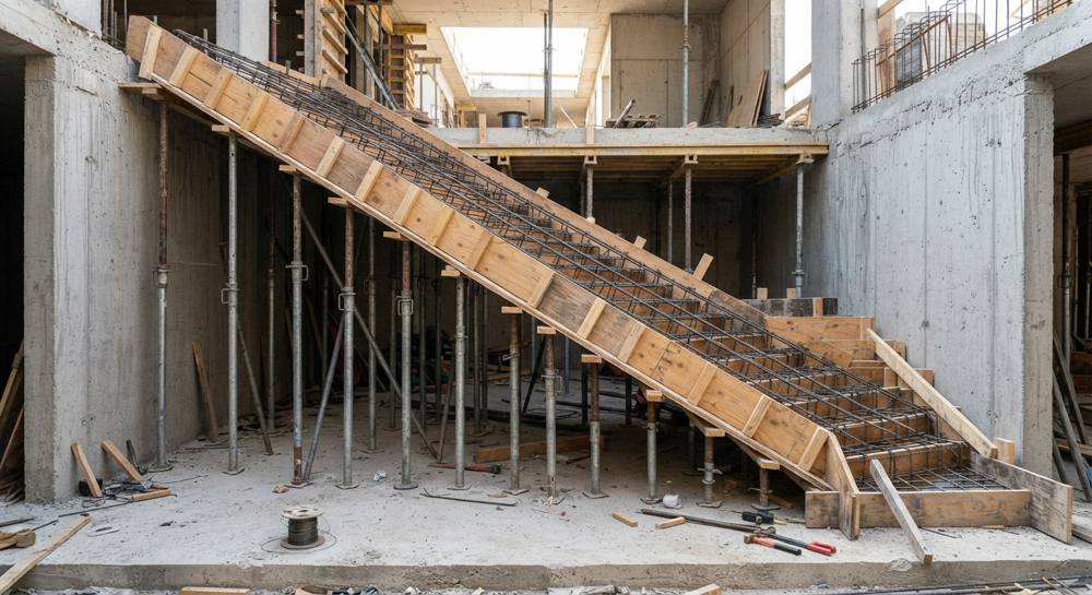 Coffrage en bois d'un escalier en béton avec sous-face inclinée, ferraillage en place et étais métalliques avant le coulage