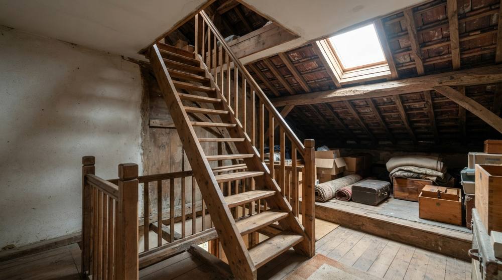 Échelle de meunier en pin avec une main courante de chaque côté menant à des combles de rangement éclairés par une lucarne