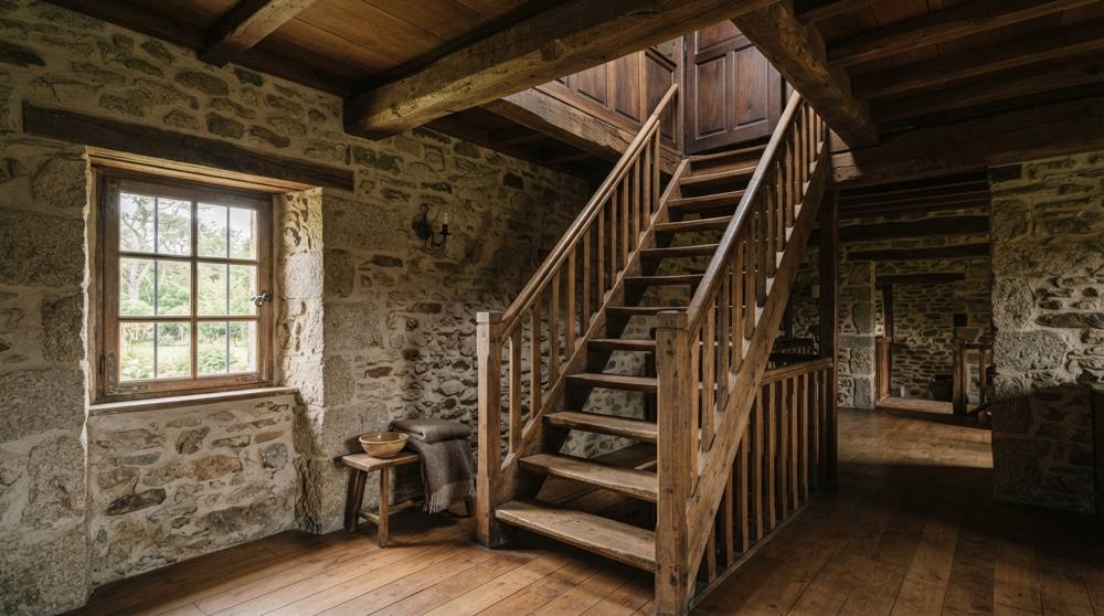 Échelle de meunier en chêne massif avec deux mains courantes, très raide et sans contremarches, dans une longère en pierre aux poutres apparentes