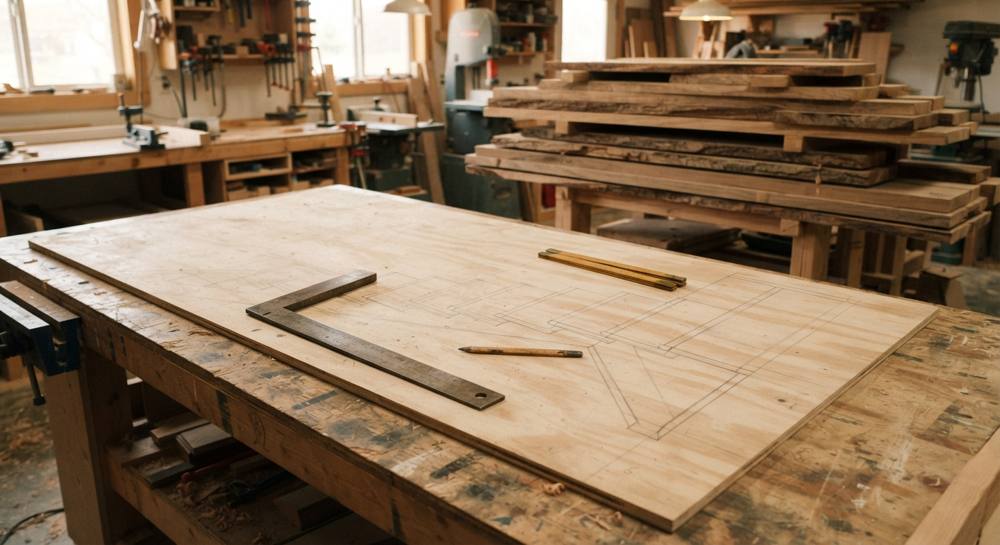 Épure d'escalier tracée au crayon sur un panneau de bois dans un atelier d'artisan, avec équerre et mètre pliant