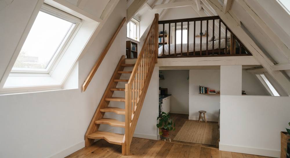 Escalier à pas japonais en hêtre aux demi-marches alternées menant à une mezzanine sous les combles d'un petit appartement, avec une main courante en bois
