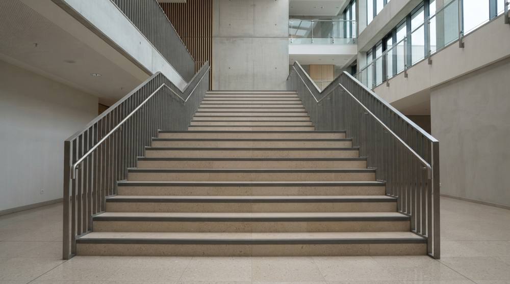 Large escalier d'un bâtiment public aux marches en pierre claire avec nez de marche contrastés et mains courantes en inox de chaque côté