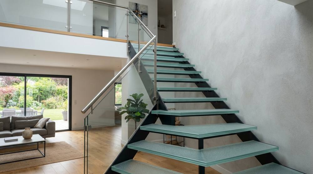 Escalier droit aux marches en verre feuilleté dépoli antidérapant posées sur un limon métallique noir, avec garde-corps en verre et main courante en inox dans un séjour contemporain