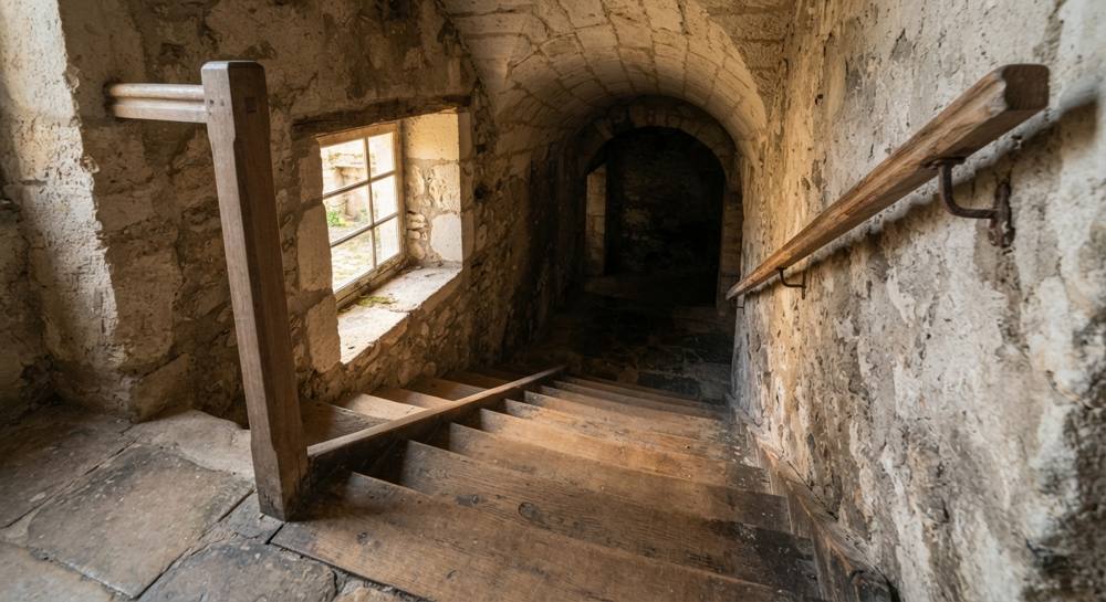 Escalier de cave en chêne aux marches régulières, avec main courante en bois fixée au mur, descendant dans une cave voûtée en pierre calcaire