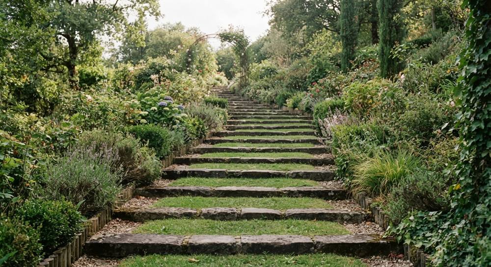 Escalier de jardin en pierre aux marches profondes engazonnées, bordé de massifs de lavande et d'hortensias