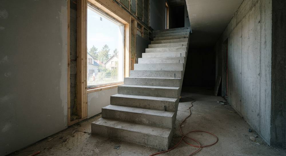 Escalier droit en béton brut aux arêtes nettes dans une maison en construction, avec une grande fenêtre qui éclaire la volée