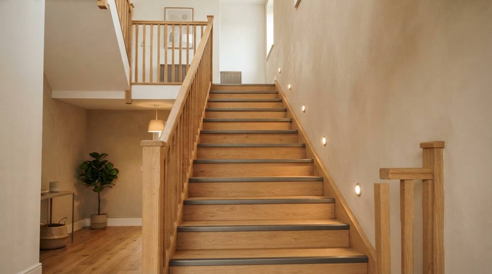 Escalier droit de maison en chêne clair avec main courante en bois, nez de marche à bande contrastée et petits spots LED encastrés dans le mur