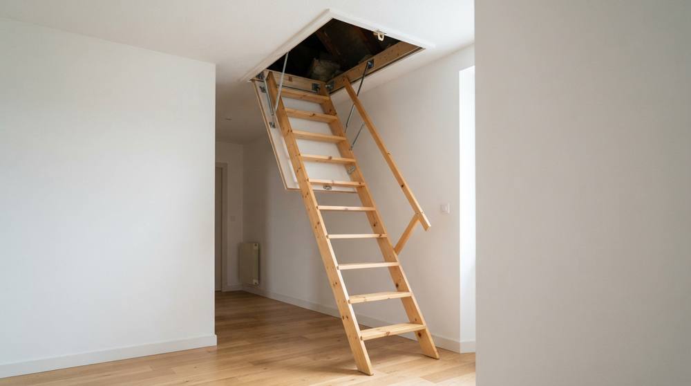 Escalier escamotable en bois clair déplié sous une trappe de plafond dans un couloir de pavillon, avec rampe en bois et parquet clair