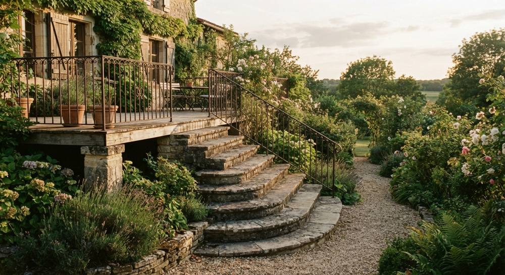 Escalier extérieur en pierre aux marches profondes reliant une terrasse en bois au jardin, avec garde-corps en fer forgé