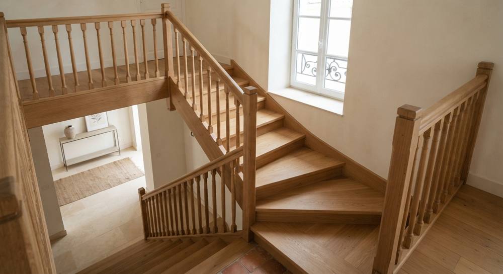 Escalier quart tournant balancé en chêne avec garde-corps à balustres tournés, vu depuis l'étage dans une maison ancienne