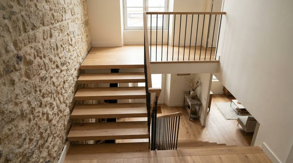 Vue plongeante d'un escalier suspendu en chêne à limon central noir discret, avec mur en pierre apparente et garde-corps à barreaux d'acier fins surmonté d'une main courante en bois