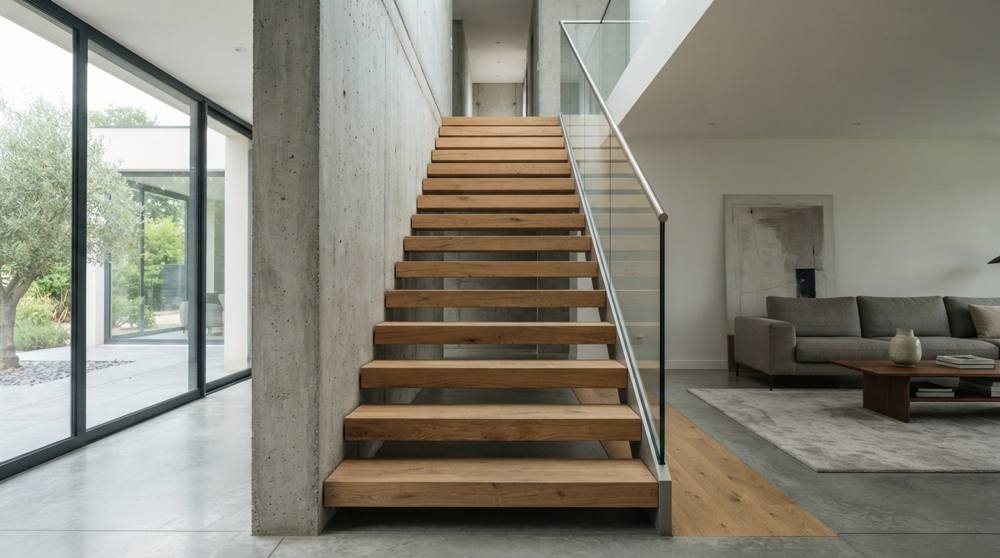 Escalier suspendu droit dont les épaisses marches en chêne massif sortent d'un mur en béton brut, avec un garde-corps en verre et une main courante fine dans un séjour contemporain
