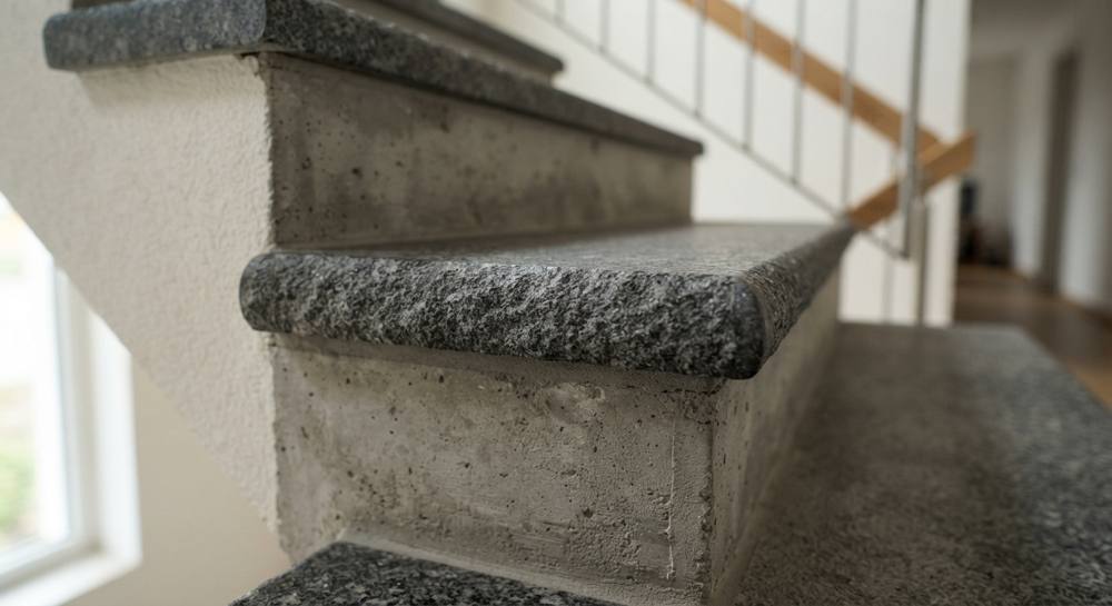 Gros plan sur une marche en granit gris à surface bouchardée antidérapante et bord arrondi, posée sur un escalier en béton