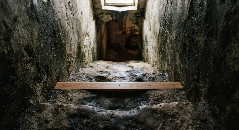 Marches de cave en pierre creusées par l'usure, avec une planche de chêne vissée en nez de marche sur la marche du haut, dans un escalier étroit entre deux murs humides