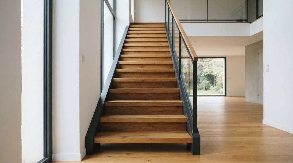 Escalier droit intérieur aux marches en chêne massif épaisses posées sur des limons métalliques, avec garde-corps en verre et main courante en bois