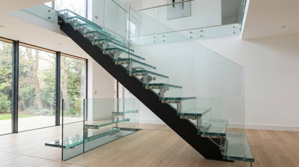 Vue de côté d'un escalier dont les marches en verre sont fixées sur un limon central en acier laqué noir, avec un garde-corps en verre dans un intérieur contemporain