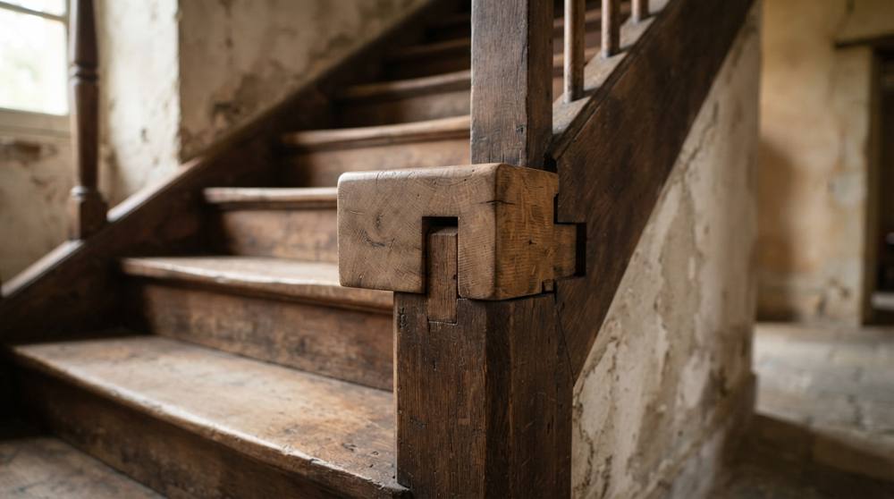 Détail d'un escalier ancien en bois montrant des marches épaisses sur un limon et l'assemblage d'un poteau d'angle