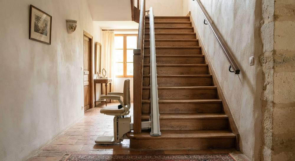 Escalier droit en chêne d'une maison ancienne équipé d'un rail de monte-escalier, avec le siège replié en bas des marches et une main courante sur le mur opposé