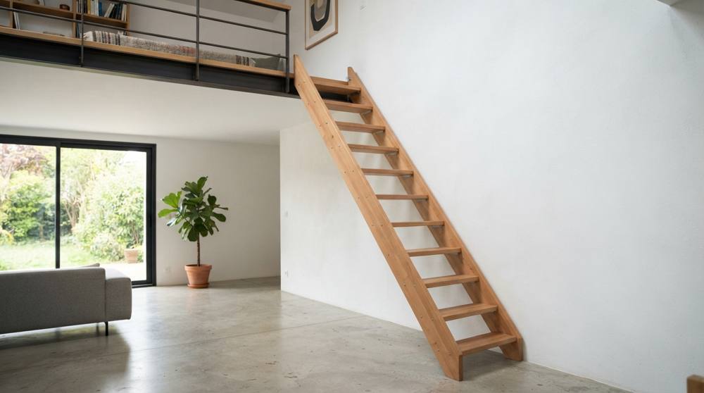 Vue de côté d'une échelle de meunier en hêtre très inclinée, aux marches étroites sans contremarches, montant vers une mezzanine
