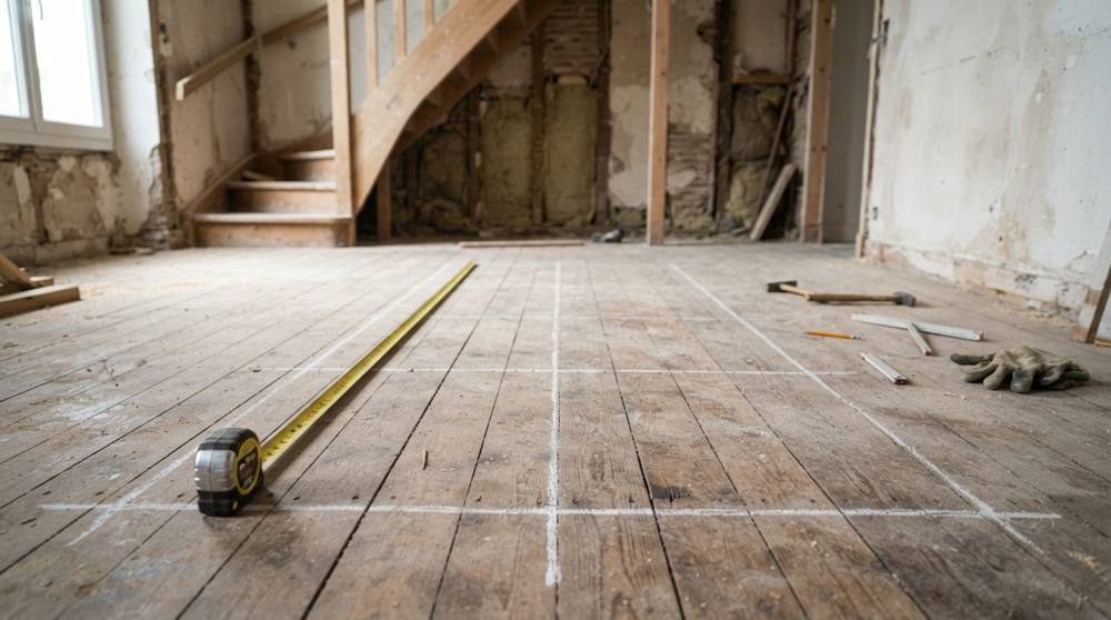 Tracé à la craie de la future trémie d'un escalier sur un plancher en bois dans une pièce en rénovation, avec un mètre ruban posé au sol