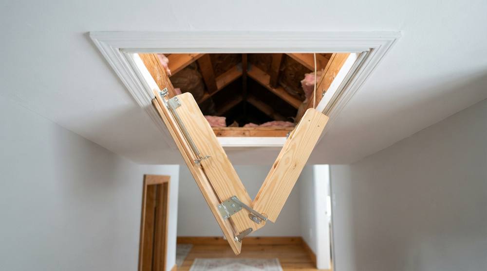 Vue de dessous d'une trappe de plafond ouverte avec un escalier escamotable en bois en train de se déplier vers un grenier isolé