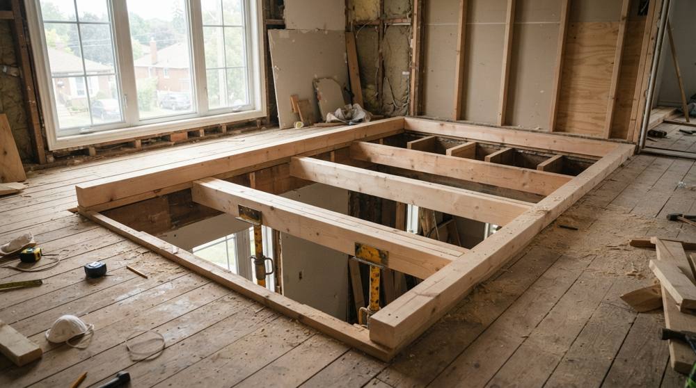 Ouverture rectangulaire découpée dans un plancher en bois lors d'une rénovation, avec un chevêtre en bois neuf et des étais métalliques