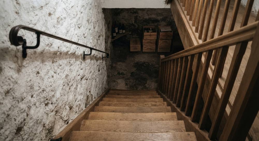 Vue plongeante sur une volée droite de marches en chêne dans une cave, avec main courante en fer forgé sur un mur chaulé et caisses de vin en bas